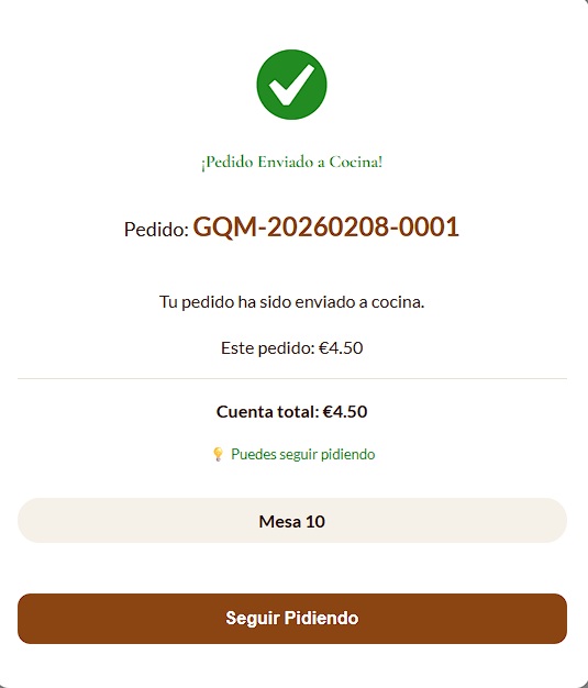 Modal mostrando numero de pedido y confirmacion de envio a cocina